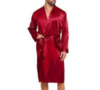 Lovasy Mens Silk Dressing Gown Summer Satin Robe for men Lightweight Kimono Dressing Gown Long Sleeve Bathrobe with Belt and Pockets Night Robes for Wedding Party,Red,L