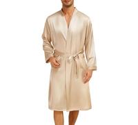 Lovasy Mens Silk Dressing Gown Summer Satin Robe for men Lightweight Kimono Dressing Gown Long Sleeve Bathrobe with Belt and Pockets Night Robes for Wedding Party,Champagne,XL