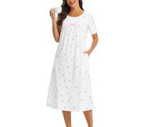 Lovasy Nighties for Women Long Cotton Nightdresses for Women UK Button Front Ladies Nighty Short Sleeve Nightshirts Night Dress with Pockets,Leaf Pink,M