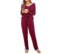 Lovasy Pyjamas for Women Long Sleeve Ladies Pyjamas 2 Pieces Pjs Sets V-Neck Womens Pjs Comfy Pajamas with Pockets,wine red,XXL