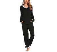 Lovasy Pyjamas for Women Super Soft Pjs for Women Sets Long Sleeve Ladies Pyjamas 2 Pieces Womens Pyjamas Sets Pajamas for Women UK V-Neck Womens Pjs Comfy Ladies Pjs with Pockets,black,L
