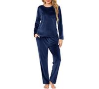 Lovasy Pyjamas for Women Winter Fluffy Fleece Pyjama Warm Long Sleeve Ladies Fleece Pajamas Fluffy Pjs for Women Sets with Pockets,Navy Blue,L