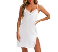 Lovasy Satin Nightdresses for Women Silky Nighties with High Split,White,M