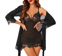 Lovasy Sexy Lingerie for Women Lace Babydoll with Robe Mesh Lingerie Dress Chemise Nighties Nightdress,Black,L