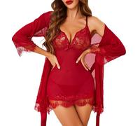 Lovasy Sexy Lingerie for Women Lace Babydoll with Robe Mesh Lingerie Dress Chemise Nighties Nightdress,Wine Red,L