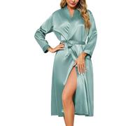 Lovasy Silk Dressing Gown Women's Satin Robes Long Ladies Kimono Dressing Gowns Lightweight Bride Bridesmaid Silk Robe Soft Satin Bath Robe with Pockets,Grey Green,L