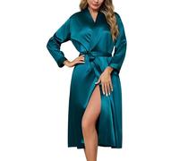 Lovasy Silk Dressing Gown Women's Satin Robes Long Ladies Kimono Dressing Gowns Lightweight Bride Bridesmaid Silk Robe Soft Satin Bath Robe with Pockets,Blue Green,L