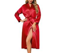 Lovasy Silk Dressing Gown Women's Satin Robes Long Ladies Kimono Dressing Gowns Lightweight Bride Bridesmaid Silk Robe Soft Satin Bath Robe with Pockets,Wine Red,XL
