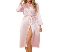 Lovasy Silk Dressing Gown Women's Satin Robes Long Ladies Kimono Dressing Gowns Lightweight Bride Bridesmaid Silk Robe Soft Satin Bath Robe with Pockets,Pink,XL