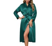 Lovasy Silk Dressing Gown Women's Satin Robes Long Ladies Kimono Dressing Gowns Lightweight Bride Bridesmaid Silk Robe Soft Satin Bath Robe with Pockets,Dark Green,XL