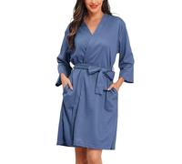 Lovasy Waffle Dressing Gowns for Women UK Lightweight Spa & Bath Robes for Women Ladies Kimono Dressing Gowns Women's Knee Length Robes Women's Waffle Hotel Robe with Pockets,Blue,M