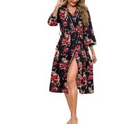 Lovasy Women Dressing Gowns Long Knit Robe Ladies Kimono Dressing Gown Lightweight Causal Bath Robe 3/4 Sleeve Women's Robes with Pockets,Brown Black,XXL