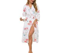 Lovasy Women Dressing Gowns Long Knit Robe Ladies Kimono Dressing Gown Lightweight Causal Bath Robe 3/4 Sleeve Women's Robes with Pockets,Floral White,XXL