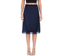 Lovasy Women's Half Slips Satin Long Underskirt with Lace Hem Wide Waist Slip Soft Half Slips for Under Dresses UK A-line Anti Static Petticoat Under Skirt,Navy Blue,L