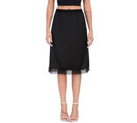 Lovasy Women's Half Slips Satin Long Underskirt with Lace Hem Wide Waist Slip Soft Half Slips for Under Dresses UK A-line Anti Static Petticoat Under Skirt,Black,M
