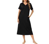 Lovasy Women's Nightdresses & Nightshirts Long Cotton Nightdresses for Women UK Button V Neck Nighties for Women Soft Night Dress Women UK Loose Fit Ladies Nighties with Pockets,Black,S