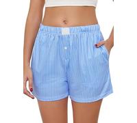 Lovasy Women's Pyjama Bottoms Plaid Shorts Soft Ladies pj bottoms Summer Beach Boxers Shorts Lounge Pants with Pockets,Blue Stripe,M