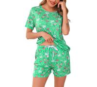 Lovasy Womens Pyjamas Set Cotton Pajamas for Women UK Short Sleeve Ladies Pyjamas 2 Piece Short Pjs Set Summer Pijamas with Pockets,Green Flamingo,L