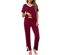 Lovasy Womens Pyjamas Sets Super Soft Ladies Pyjamas Pieces Pjs for Women Sets V-Neck Pajamas with Pockets,Wine Red,XXL