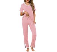 Lovasy Womens Pyjamas Sets Super Soft Ladies Pyjamas Pieces Pjs for Women Sets V-Neck Pajamas with Pockets,Pink,XXL