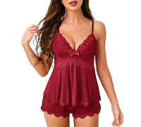 Lovasy Womens Pyjamas Sexy Pjs for Women Sets Sweetness Cami Ladies Pyjamas Lace Camisole Summer Short Pajamas Lounge Sets Nightwear,Wine Red,S