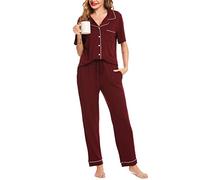 Lovasy Women's Pyjamas Soft Button Down Pjs Sets Classic Womens Pjs Pajamas Loungewear with Pockets, Wine Red, XXL