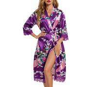 Lovasy Womens Satin Dressing Gown Peacock Floral Kimono Robe | 100% polyester satin,calf-length,3/4 sleeve,pearlescent shimmer,peacock&floral print,loungewear,spa,beach cover-ups and gift
