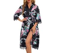 Lovasy Womens Satin Dressing Gown Peacock Floral Kimono Robe,Black,XXL