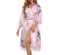Lovasy Womens Satin Dressing Gown Peacock Floral Kimono Robe,Pink,S | Silk Dressing Gown for Women UK Ladies Dressing Gowns Lightweight Bride Bridesmaid Silk Robe Long Satin Robes with Lace Trim