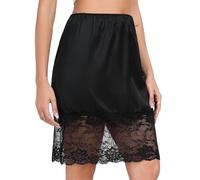 Lovasy Women's Satin Half Slips Soft Lace Underskirt Elastic Waist Half Slips for Under Dresses Ladies Short Silk Anti-Slips Petticoat Size UK 6-24,Black,M