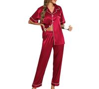 Lovasy Women's Satin Pyjama Set Classic Silky Pajama Button Down Ladies Pyjamas Two Piece Pjs Set,Wine Red,XL