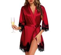 Lovasy Women's Satin Robe Lace Trim Silky Dressing Gown,Wine Red,XL