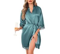 Lovasy Women's Satin Robes Lace Trim Silk Dressing Gown for Women UK Summer Ladies Kimono Dressing Gowns Lightweight Bride Bridesmaid Silk Robe 3/4 Sleeve Sexy Short Satin Robe,Grey Green,L