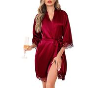 Lovasy Women's Satin Robes Lace Trim Silk Dressing Gown for Women UK Summer Ladies Kimono Dressing Gowns Lightweight Bride Bridesmaid Silk Robe 3/4 Sleeve Sexy Short Satin Robe,Purplish Red,XL