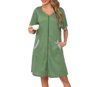 Lovasy Women's Zip Robes Waffle Dressing Gowns for Women UK Short Sleeve Bath Robe Summer Ladies Dressing Gowns Lightweight Zip Up Dressing Gown Knee Length Housecoat with Pockets,Green,XL