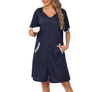 Lovasy Women's Zip Robes Waffle Dressing Gowns for Women UK Short Sleeve Bath Robe Summer Ladies Dressing Gowns Lightweight Zip Up Dressing Gown Knee Length Housecoat with Pockets,Navy Blue,M