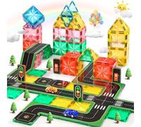 Lovchil 72PCS Magnetic Tiles Road Toppers Set for Kids Age 3+, Magnetic Building Blocks with Cars Toys for Toddlers