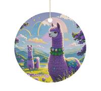 Love Alpaca Purple Double-Sided Ceramic Christmas Ornaments - Round Hanging Mini Xmas Tree Decorations, Ideas for Farmers, Rustic Home Decor for Indoor Outdoor Tree Decor