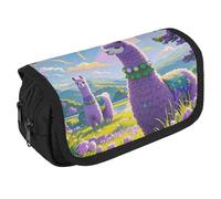 Love Alpaca Purple Pencil Case Organizer - Large Capacity 3 Compartment Pencil Pouch for Adults, Portable Makeup Bag & Aesthetic Stationery Bag with Zipper (8.7x4.3") Unisex Gift