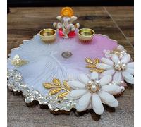 Love and Lather 8 inch Resin Pooja thali with 3D Resin Flowers/Resin Aarti thali/Resin Thali for Diwali,Raksha bandhan/Roli chawal Platter/Resin puja thali/Wedding thali