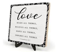 Love Bears All Things Bible Verse Wooden Sign - 5.9"x5.9" Table Decor, Christian Motivational Scripture Gift for Home, Office, or Church(1 corinthians 13:7)