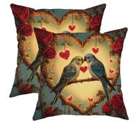 Love Birds Pillow Covers Set of 2, Aqua Blue Budgie Bird Throw Pillow Cases, Romantic Decorative Square Accents Cushions for Home Sofa Bed Couch 16x16 Inch