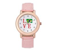 Love Brazilian Flag Funny Watches for Women Pink Leather Strap Quartz Watch for Small Wrists