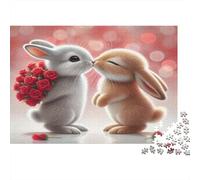 Love Bunnies Jigsaw Puzzle Red Rose Valentine 1000 Pieces Recycled Paper Adults Jigsaws Educational Challenge Game Family Learning Women Men 70x50cm/1000pcs