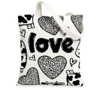 Love Canvas Tote Bag for Women, Contemporary Playful Heart Cow None Black Washable Reusable Small Tote Bag Ideas for Outdoor Travel Workday Reading 13x15 Inch