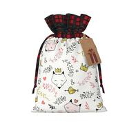 Love Cartoon Fox Printing Color Matching Plaid Christmas Bag With Drawstring,4.7x6.9 In For Christmas Halloween