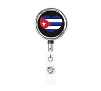 Love Cuba Flag Cubans Heart Heavy Duty Metal Badge Holder Reel, Retractable Badge Holder with Belt Clip for Key Name Card Holder Employee Teacher