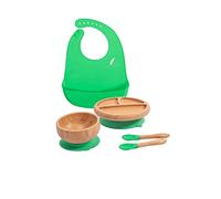 Love Earth ® - Bamboo Baby Weaning Set - 5 Piece Baby Weaning Set Including Suction Plate, Bowl, Spoons, and a Silicone Bib - Eco-Friendly Weaning Set for Babies from 3 Months to 6 Years (Green)