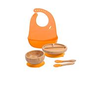 Love Earth ® - Bamboo Baby Weaning Set - 5 Piece Baby Weaning Set Including Suction Plate, Bowl, Spoons, and a Silicone Bib - Eco-Friendly Weaning Set for Babies from 3 Months to 6 Years (Orange)
