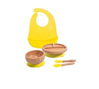 Love Earth ® - Bamboo Baby Weaning Set - 5 Piece Baby Weaning Set Including Suction Plate, Bowl, Spoons, and a Silicone Bib - Eco-Friendly Weaning Set for Babies from 3 Months to 6 Years (Yellow)